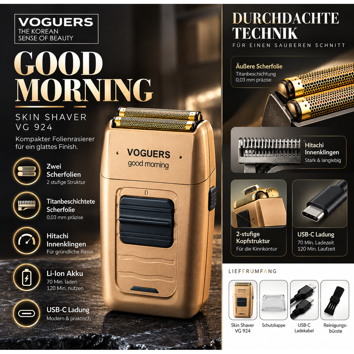 Haarschneider Voguers Good Morning VG 925 Professioneller Elektrorasierer, Gold – Produktabbildung
