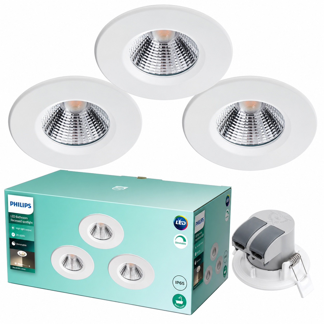 Philips Dive LED Einbaustrahler 3er-Set – 3 × 5,5W, 2700K, dimmbar, IP65, Weiß