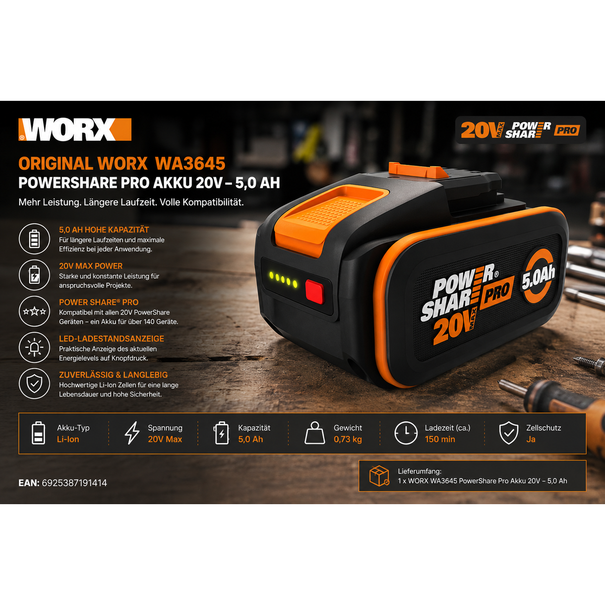 Original WORX WA3645 PowerShare Pro Akku 20V - 5,0 Ah Li-Ion, mit LED-Anzeige
