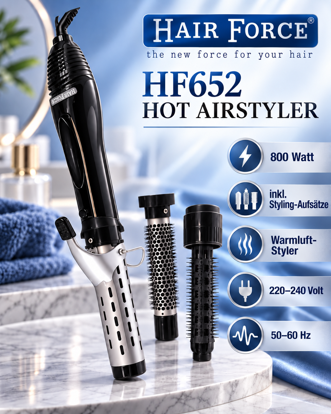 Hair Force HF652 Hot Airstyler 800 Watt | Warmluftstyler mit Styling-Aufsätzen