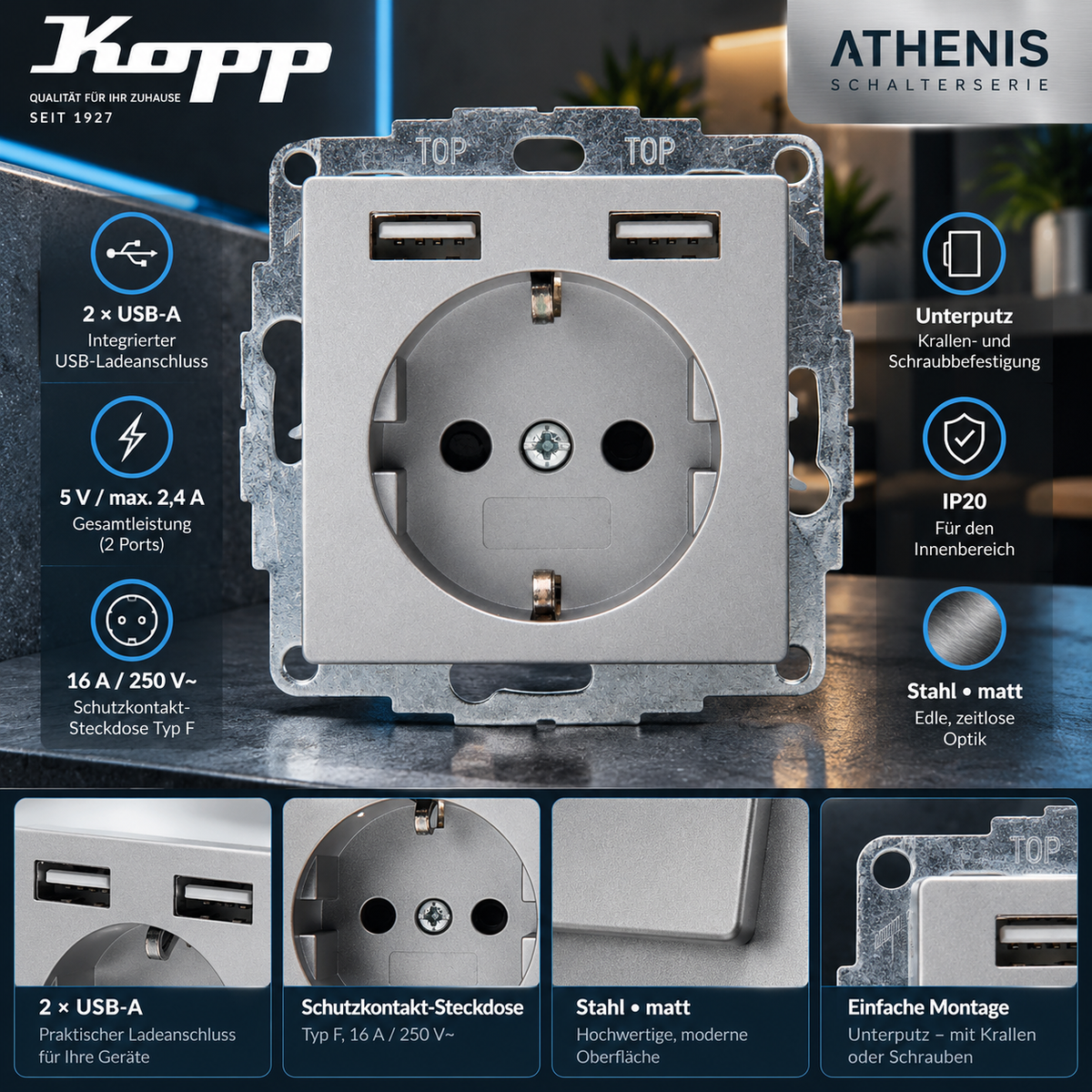 Kopp ATHENIS Steckdose mit 2 USB Ladebuchsen Unterputz Stahl – Produktbild 1
