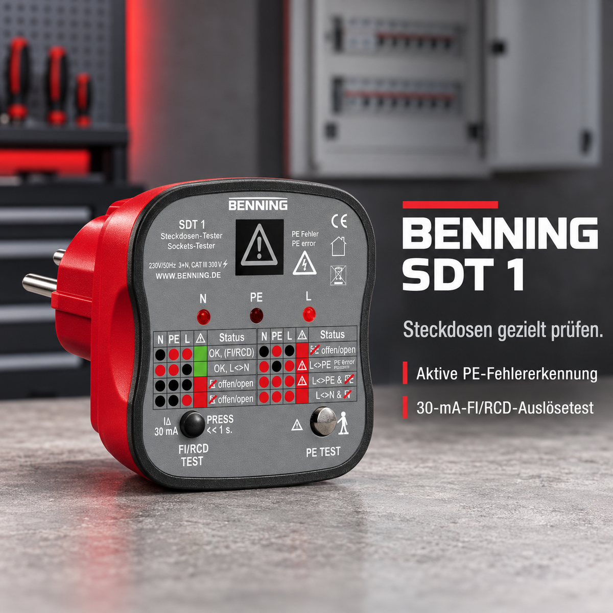 BENNING SDT 1 Steckdosentester + aktiver PE-Fehlererkennung & 30-mA-FI/RCD-Test