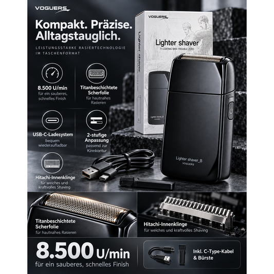 Voguers Lighter Shaver / Rasierer Titanbeschichtet, USB-C, Hitachi-Schneidklinge – Produktabbildung