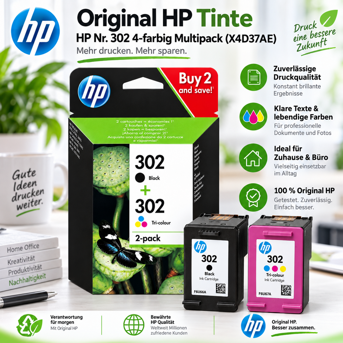 HP Nr. 302 4-farbig Multipack – Schwarz + 3-farbig (X4D37AE)