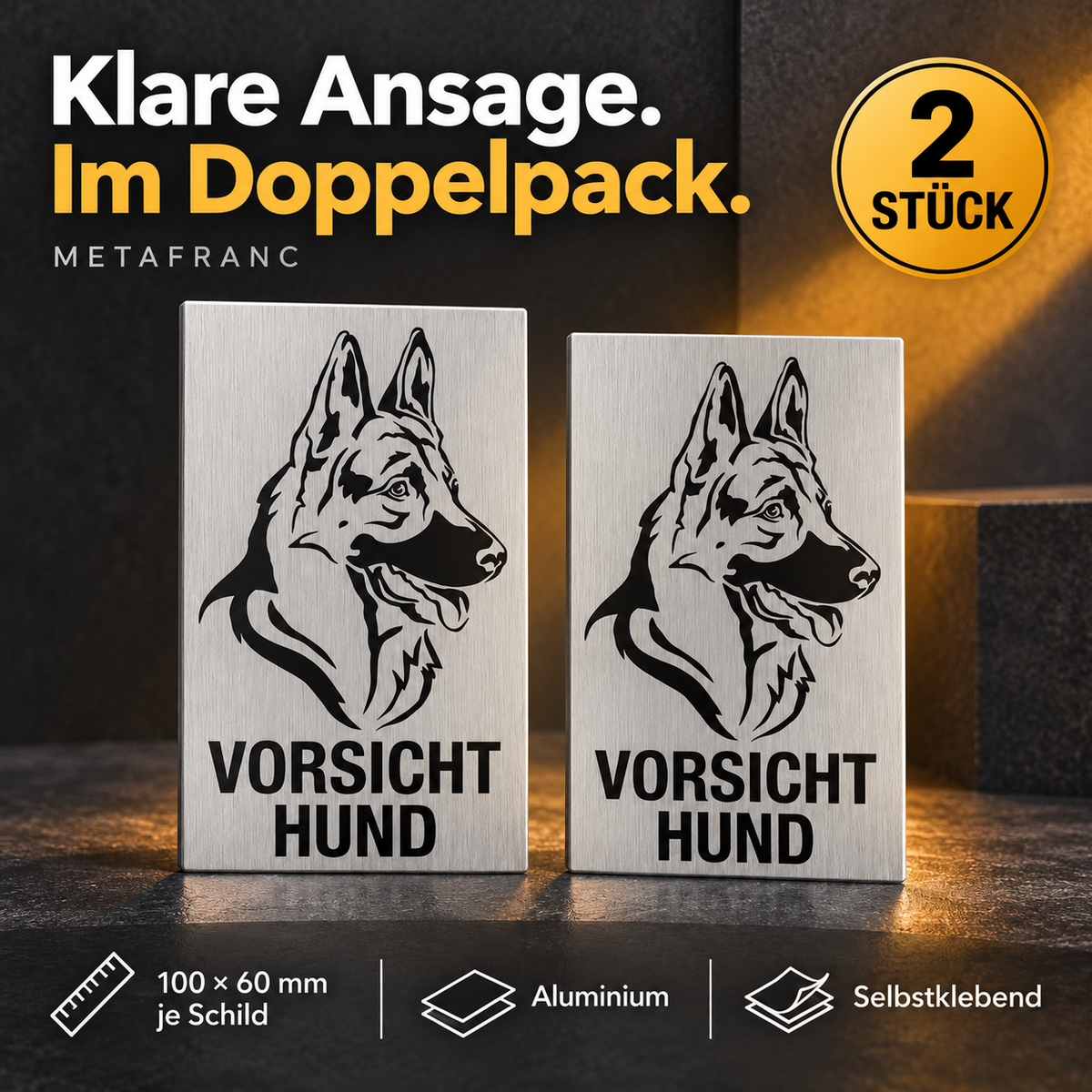 2x Metafranc Klebeschild 'Vorsicht Hund', 100 x 60 mm, Aluminium – Produktabbildung