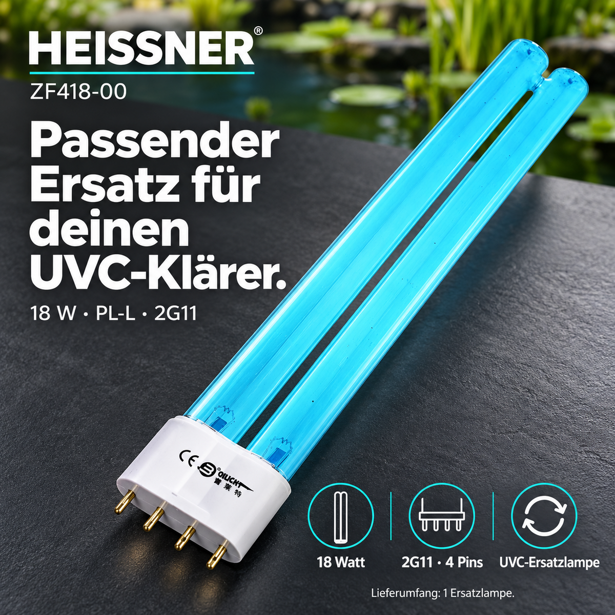 Heissner UVC Ersatzlampe 18 Watt Sockel PL-L 2G11 Austauschlampe, ZF418-00