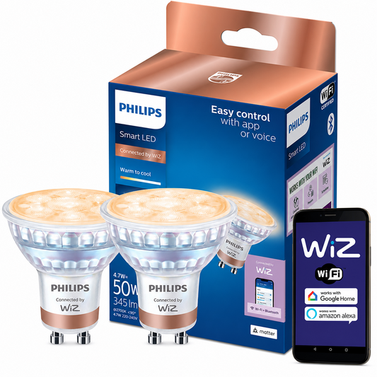 Philips Smart LED WiZ GU10 2er-Set – Einstellbares Weiß, 4,7W (50W), WLAN, dimmb