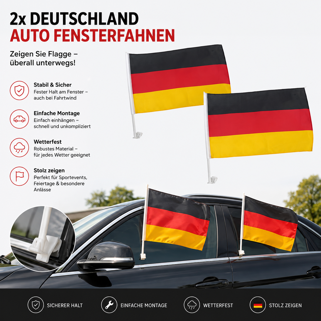 2x Deutschland Auto Fensterfahne – Deutschlandflagge fürs Auto – KFZ Autofahne