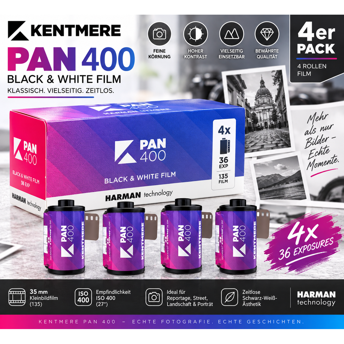 4x Kentmere PAN 400 – 35mm Schwarzweißfilm | ISO 400 | je 36 Aufnahmen