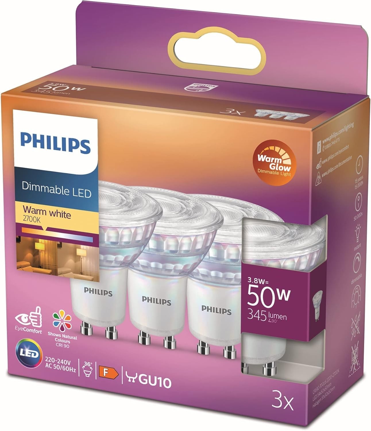Philips LED GU10 WarmGlow 3er-Set – 3,8W (50W), dimmbar, 2700K, EyeComfort, CRI9