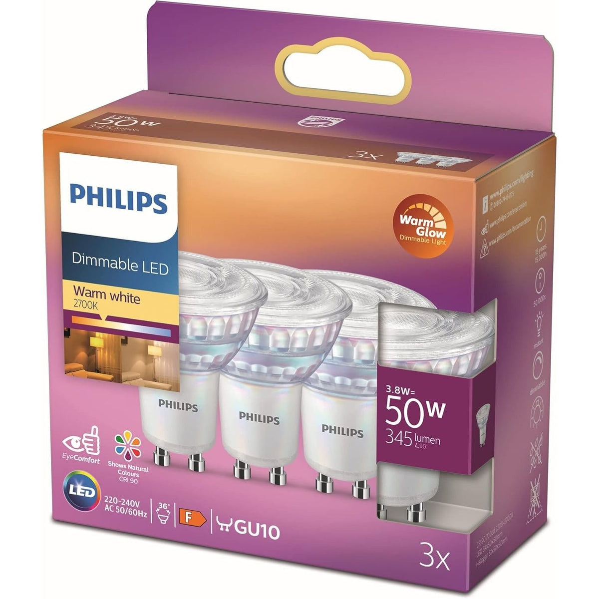 Philips LED GU10 WarmGlow 3er-Set – 3,8W (50W), dimmbar, 2700K, EyeComfort, CRI9
