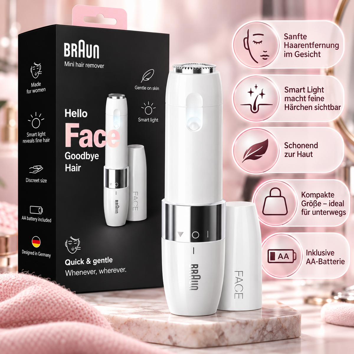 Braun Face Mini-Haarentferner, Ladyshaver für Unterwegs, FS1000, Weiß – Produktabbildung