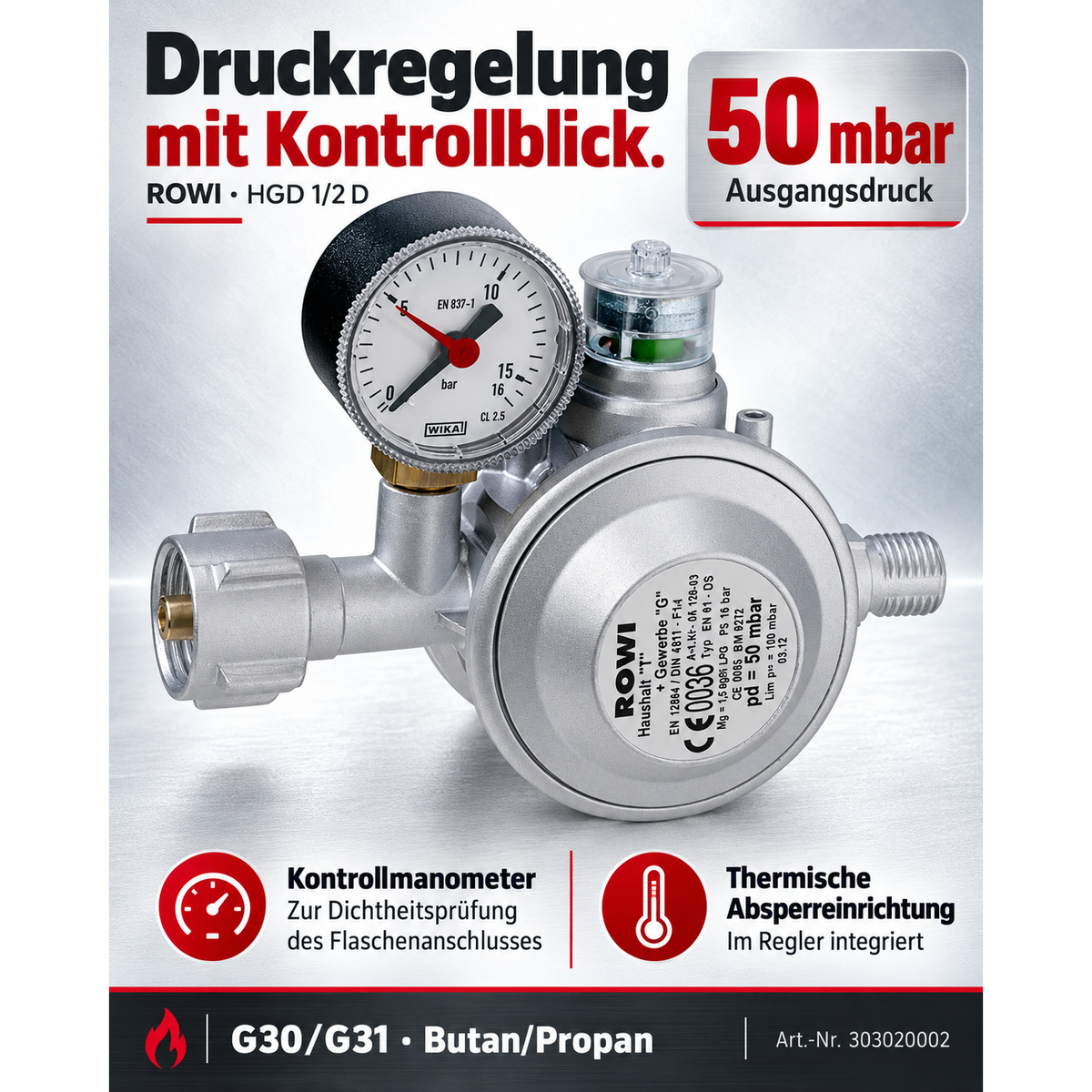 ROWI Gas Druckregler HDG 1 D Druckminderer Druck Regler für Kamin Ofen Heizöfen
