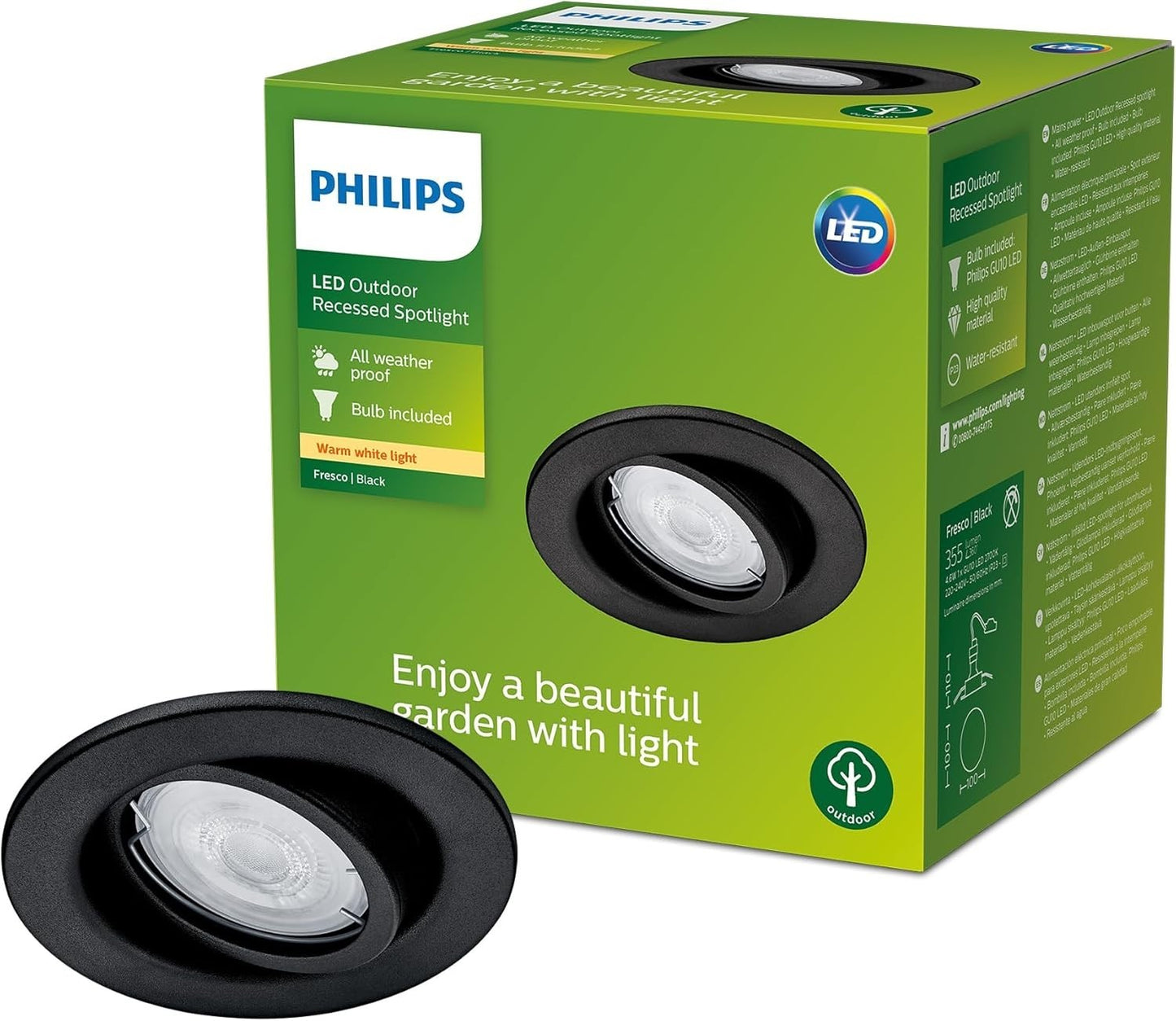 Philips Fresco LED Outdoor Einbauspot Schwarz – 4,6W, 2700K, IP44, GU10, wetterf