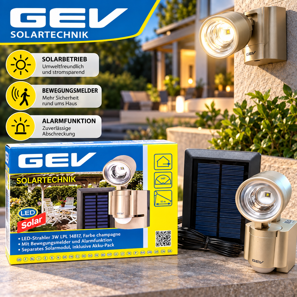 Gev Solar Led Lampe 3w Strahler Solarleuchte Bewegungsmelder Solarmodul & akku – Produktbild