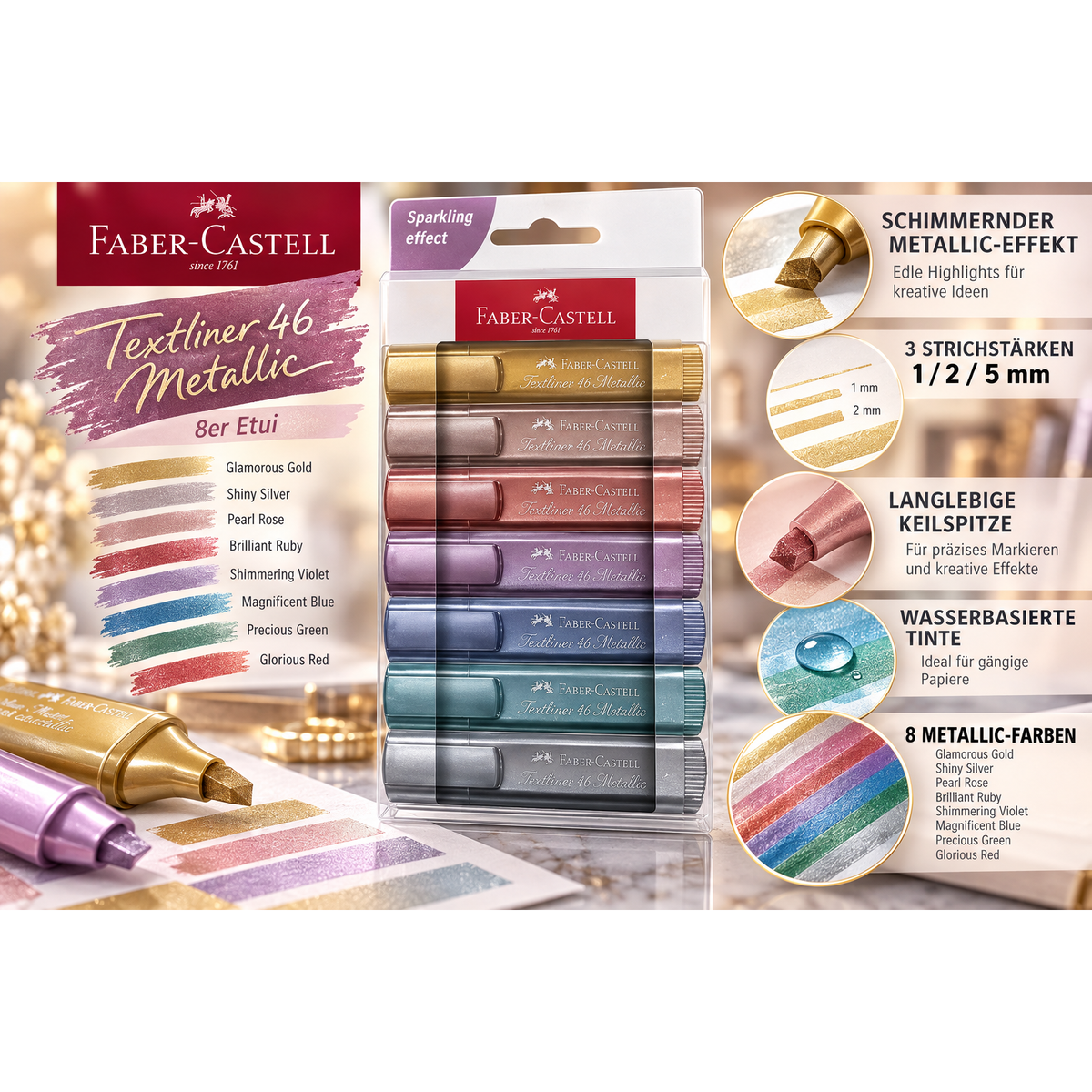 FABER-CASTELL Textmarker TEXTLINER 46 METALLIC 8er Etui – Produktbild