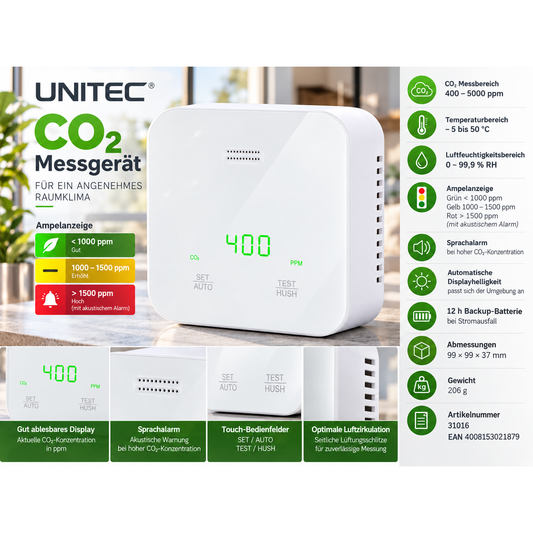 Unitec Elektro Unitec Luftqualitätsmessung Kohlenmonoxid, Feuchtigkeits und Temperaturmessgerät – Produktbild