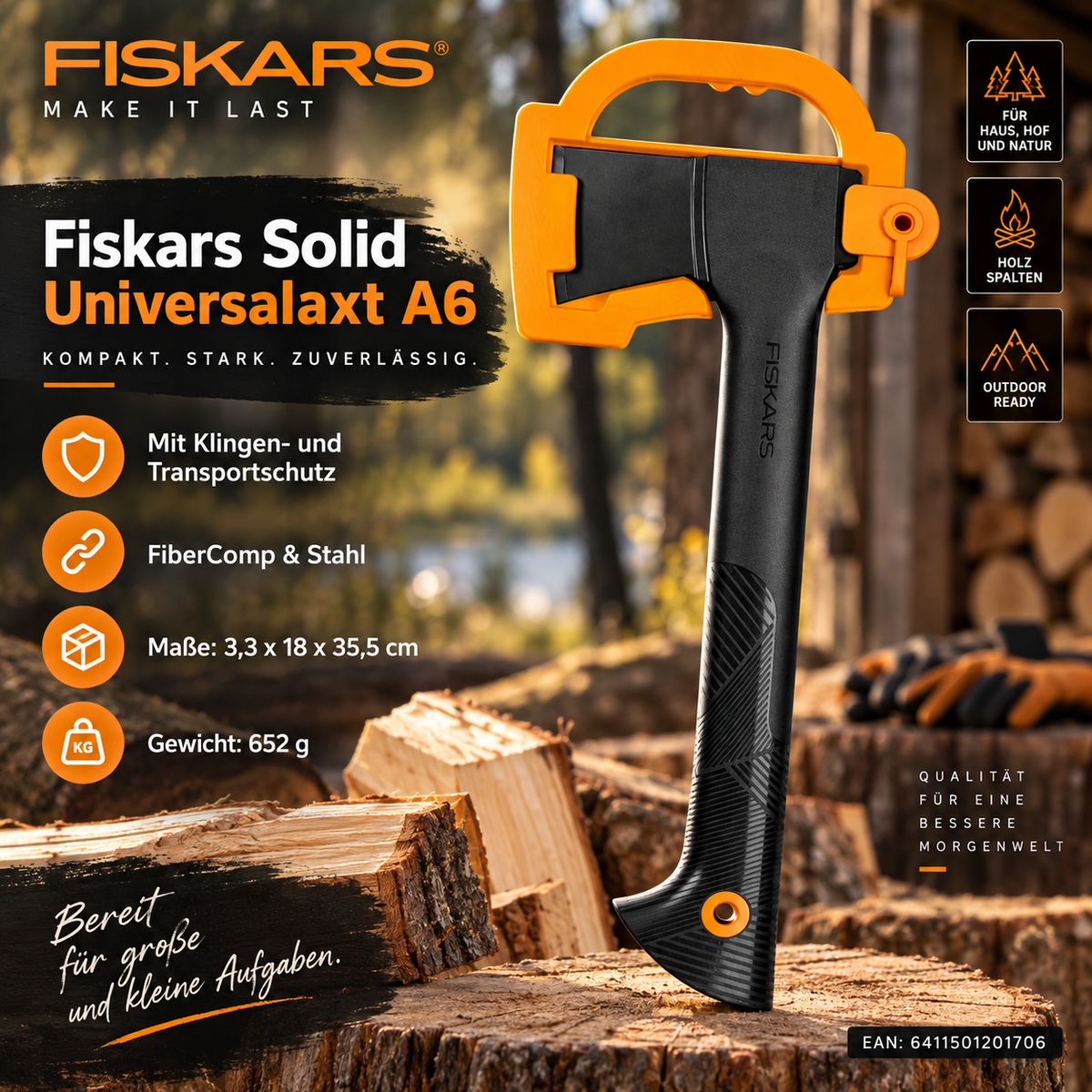 Fiskars Solid Universalaxt A6 mit Klingen- und Transportschutz