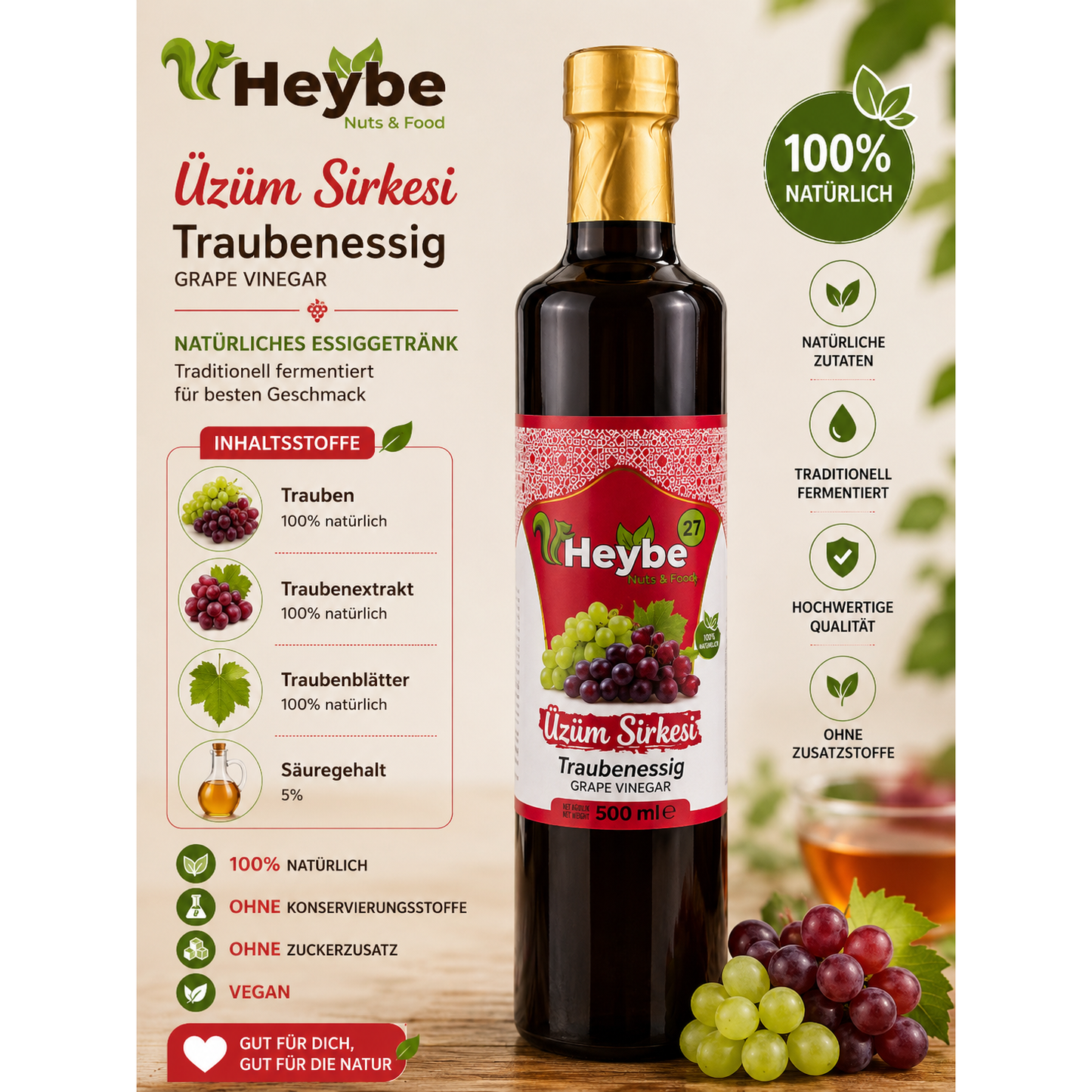 Heybe Trauben Essig 500 ml – Natürlich fermentierter Fruchtessig