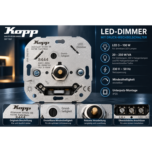 Kopp 844400187 LED-Dimmer Druck-Wechselschalter 3-100W Unterputz – Produktbild 1