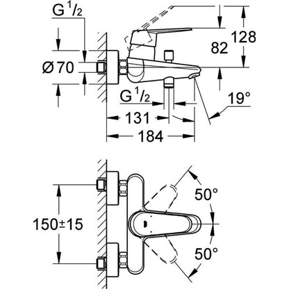 Grohe Eurodisc-Cosmopolitan Einhand-Wannenbatterie, Aufputzmontage, automatische