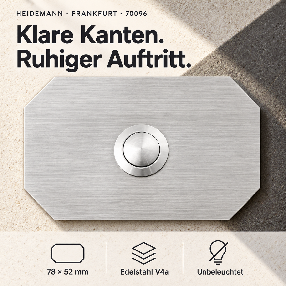 Heidemann Klingeltaster "Frankfurt", Edelstahl V4A 70096 – Produktabbildung