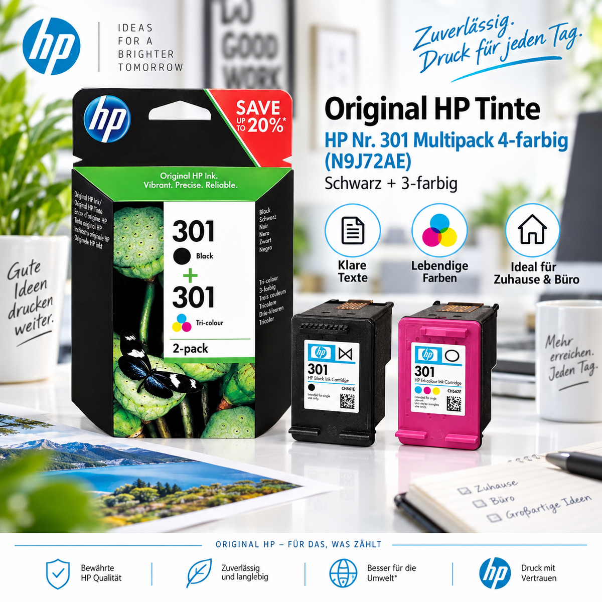 HP Nr. 301 Multipack 4-farbig – Schwarz + 3-farbig (N9J72AE)