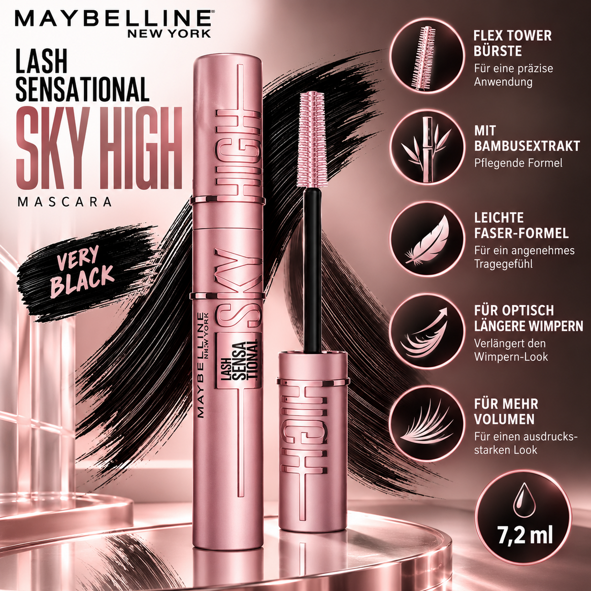 Maybelline Mascara Lash Sensational Sky High Very Black, 7.2 ml