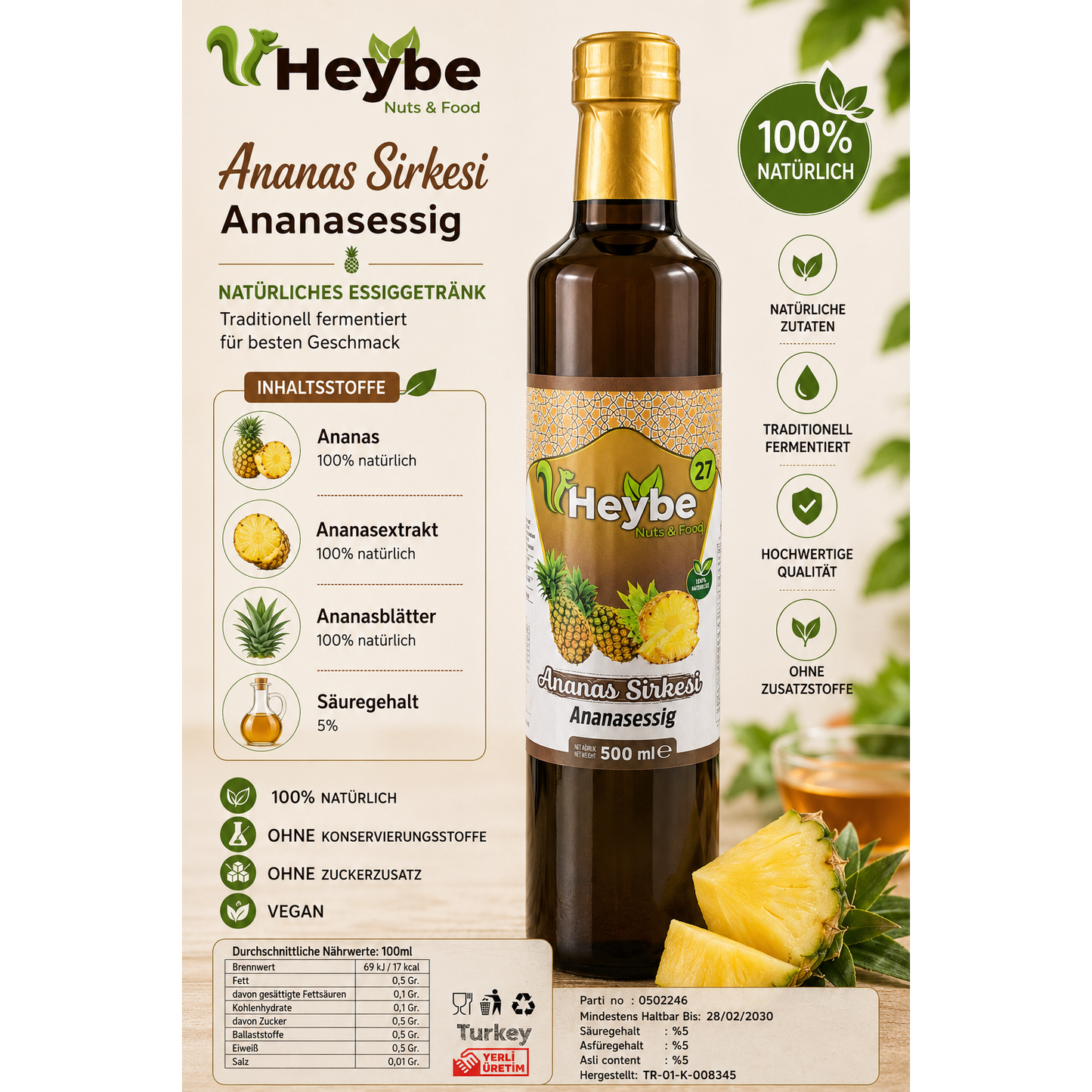 Heybe Ananas Essig 500 ml – Natürlich fermentierter Fruchtessig