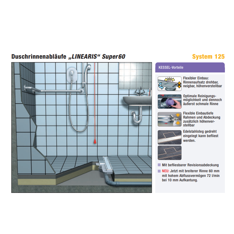 Duschrinnenabläufe „LINEARIS“ Super60 System 125