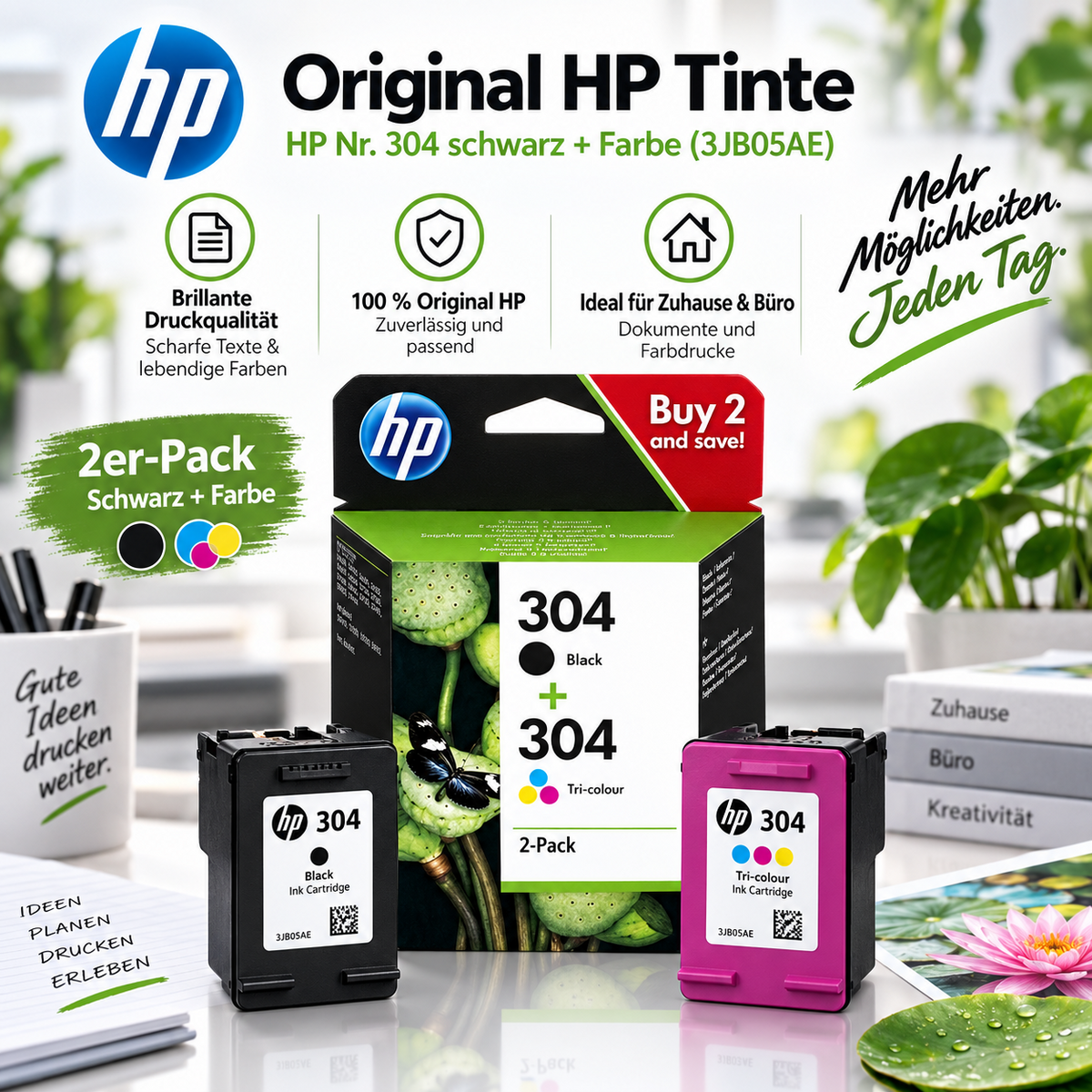 HP 304 Druckerpatronen Multipack – Schwarz + Farbe (3JB05AE)