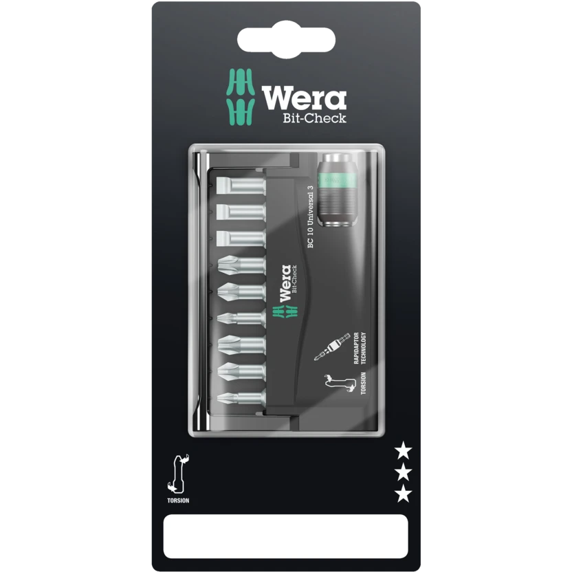 Wera Bit-Check 10 Universal 3 SB 05073410001 – Herstellerabbildung des verpackten 10-teiligen Sets